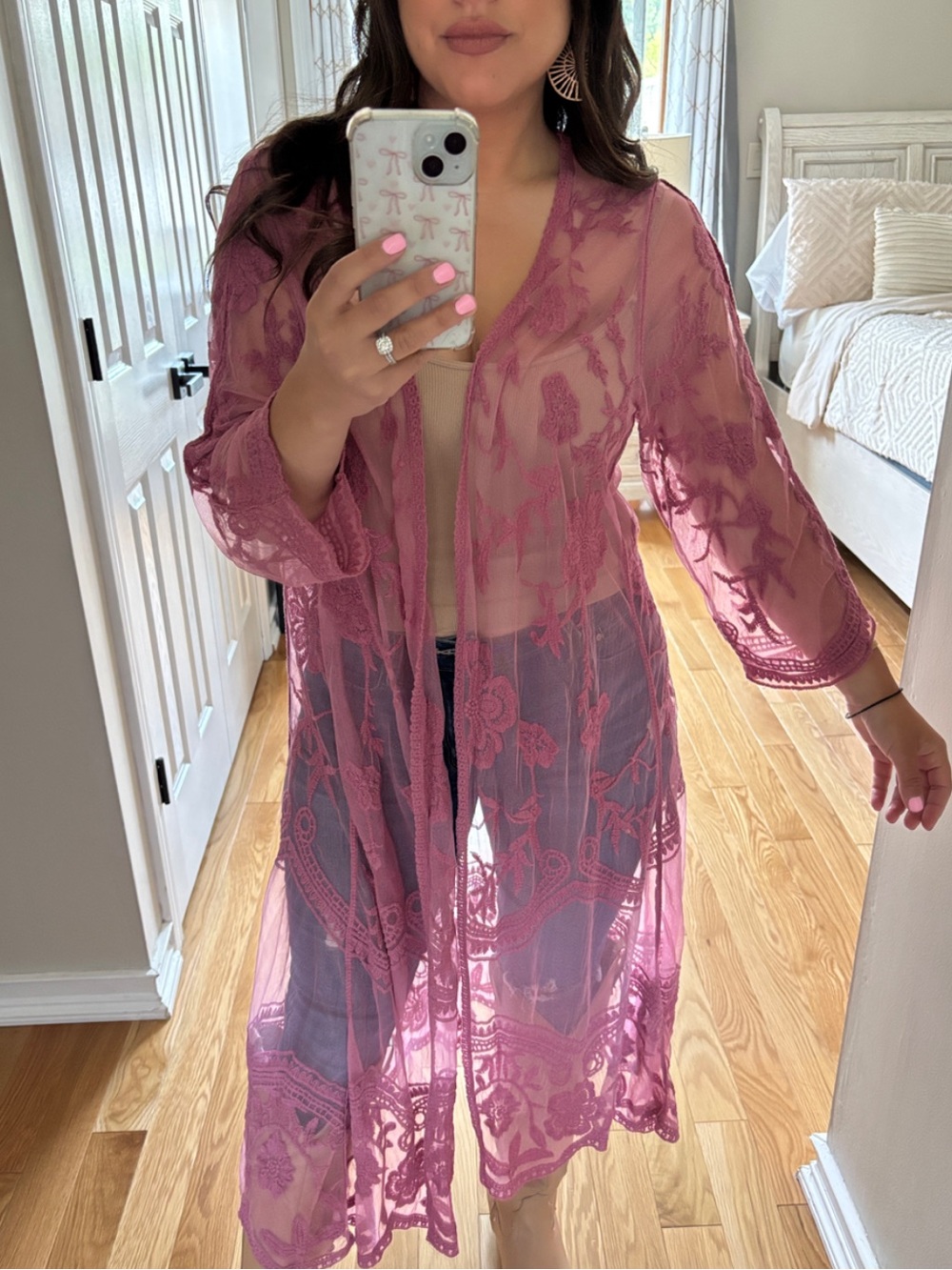 OS embroidered lace mauve kimono duster